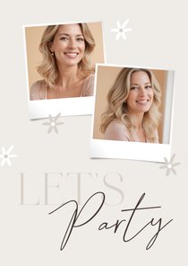 Uitnodiging let's party grijs beige bloemen en twee foto's