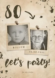 Uitnodiging 'let's party' vintage met leeftijd en foto's