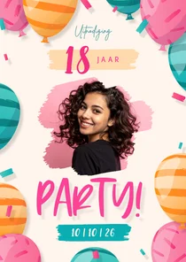 Uitnodiging met eigen foto, kleurrijke ballonnen en confetti