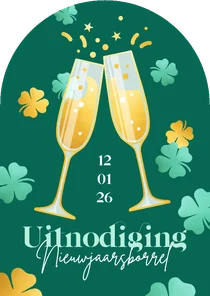 Uitnodiging nieuwjaarsborrel boogvorm champagneglazen