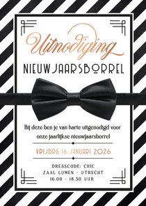 Uitnodiging nieuwjaarsborrel chic met vlinderstrikje