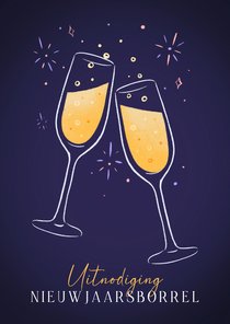 Uitnodiging nieuwjaarsborrel met champagneglazen en vuurwerk