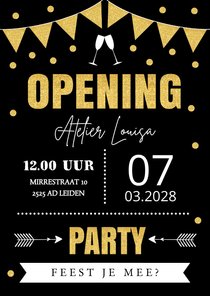 Uitnodiging opening typografie confetti slinger goudlook