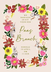 Uitnodiging paasbrunch bloemen en paashaasjes