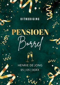 Uitnodiging pensioen borrel groen confetti slingers goudlook