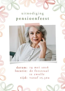 Uitnodiging pensioenfeest waterverf bloemen en foto