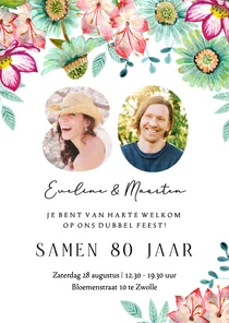 Uitnodiging samen 80 jaar met bloemen en foto’s