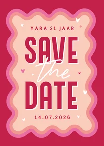 Uitnodiging save the date groovy hip verjaardag roze hartjes