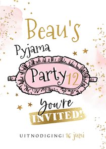 Uitnodiging slaapfeest 'Pyjama Party' slaapmasker goudlook