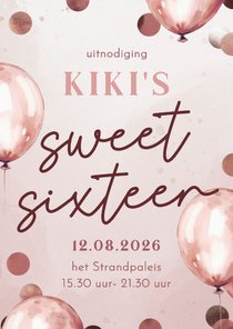 Uitnodiging sweet sixteen roze ballonnen en confetti