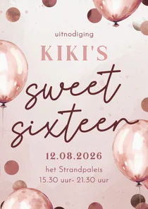 Uitnodiging sweet sixteen roze ballonnen en confetti