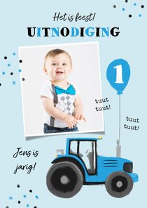 Uitnodiging tractor confetti blauw jongen ballon