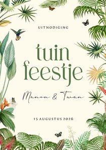 Uitnodiging tuin feestje met tropische planten en vlinders