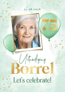 Uitnodiging verjaardag 75 jaar waterverf ballonnen goud