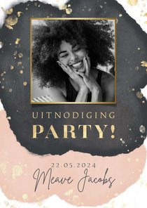 Uitnodiging verjaardag party goud spetters waterverf & foto