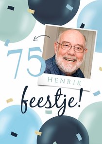 Uitnodiging verjaardagsfeest 75 jaar ballonnen confetti foto