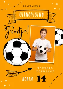 Uitnodiging voetbal verjaardag tiener oranje foto doodle