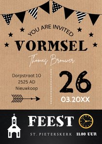 Uitnodiging vormsel jongen kraftlook slinger typografie