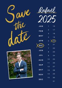 Uitnodiging vormsel jongen save the date goud kalender