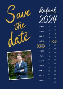 Uitnodiging vormsel jongen save the date goud kalender