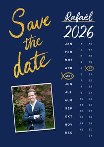 Uitnodiging vormsel jongen save the date goud kalender
