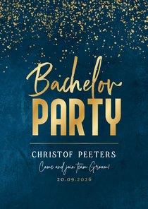 Uitnodiging vrijgezellenfeest bachelor party blauw goud