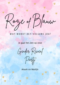 Uitnodiging waterverf hartjes gender reveal party 