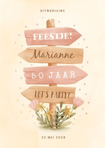 Uitnodiging wegwijzer met bloemen 50 jaar aanpasbaar