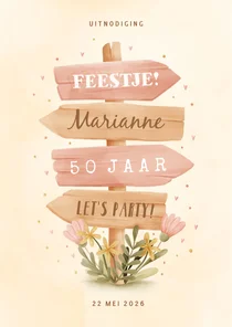 Uitnodiging wegwijzer met bloemen 50 jaar aanpasbaar