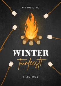 Uitnodiging winter tuinfeest vuurkorf marshmallow krijtbord