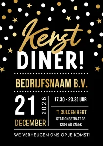 Uitnodiging zakelijk kerstdiner met confetti in goudfolie