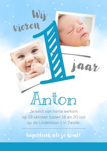 Uitnodigingskaart 1 jaar blauw met eigen foto's