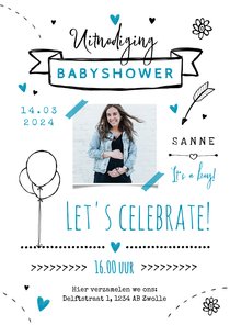 Uitnodigingskaart babyshower jongen doodle foto feestje