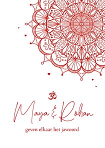 Uitnodigingskaart hindoestaans rood mandala hartjes bruiloft