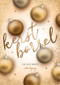 Uitnodigingskaart kerstborrel gouden kerstballen