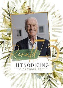 Uitnodigingskaart verjaardag getal goudfolie botanisch foto