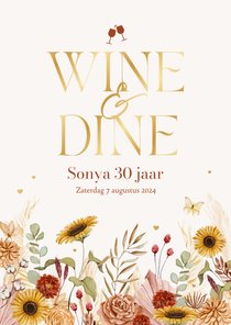 Uitnodigingskaarten wine & dine etentje borrel bloemen