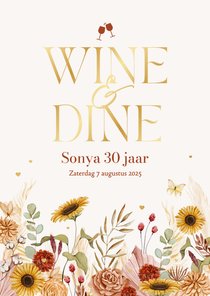 Uitnodigingskaarten wine & dine etentje borrel bloemen