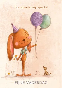 Vaderdagkaart met grappig konijn en ballonnen