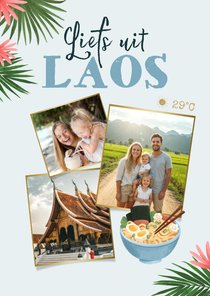 Vakantiekaart Azië fotocollage palmbladeren bloemen Laos