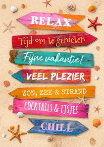 Vakantiekaart fijne vakantie tropische wegwijzers strand zon