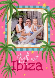 Vakantiekaart tropisch palmbomen kleuren kaders foto roze