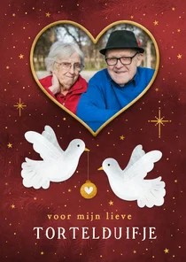 Valentijnsdag 2 witte tortelduifjes met eigen foto in hart