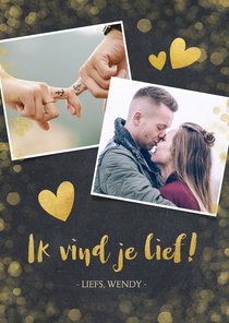 Valentijnskaart krijtbord met gouden hartjes en confetti