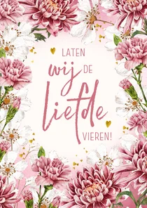 Valentijnskaart met bloemen en hartjes in goudlook