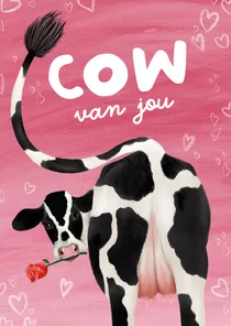Valentijnskaart met koe en roos