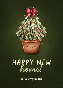 Verhuiskaart happy new home met vrolijke kerstboom