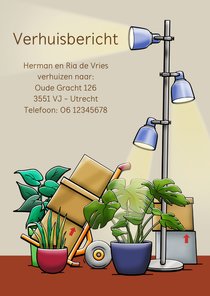 Verhuiskaart met diverse planten en lamp en dozen