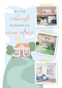 Verhuiskaart met fotocollage en illustratie van een huis.