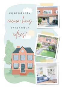 Verhuiskaart met illustratie van een huis en fotocollage